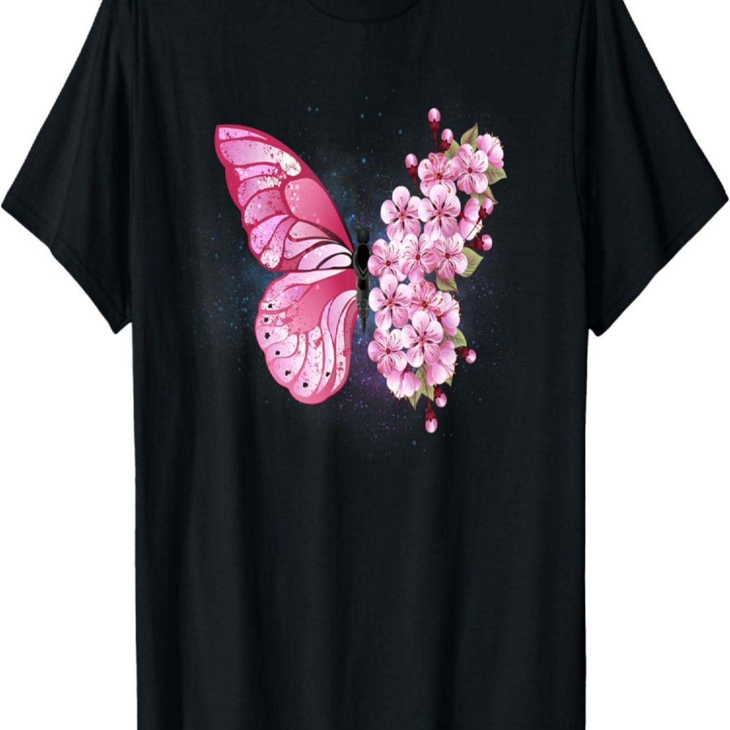 Sakura Butterfly Design Japan National Flower Cherry Blossom T-Shirt S