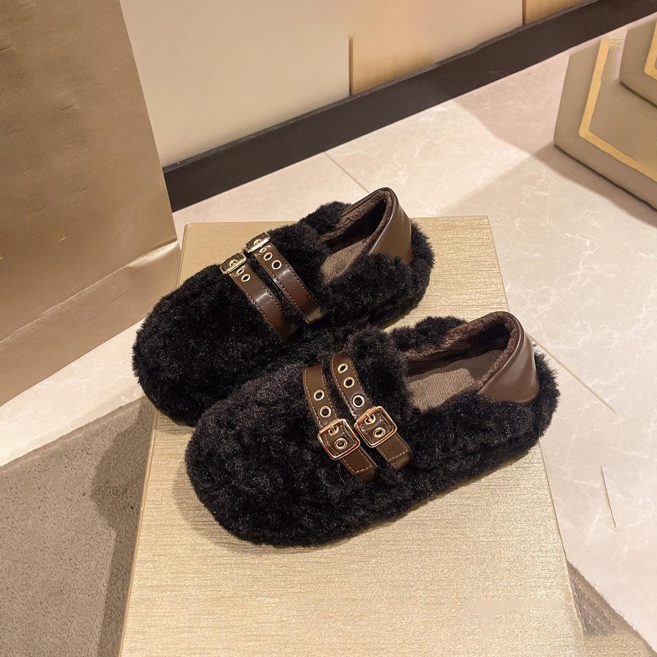 

Женские туфли на толстой подошве 5 см из овечьей шерсти для носки осенью и зимой, новые ленивые бархатные кожаные на каблуке, удобные теплые хлопковые туфли 40 чёрный