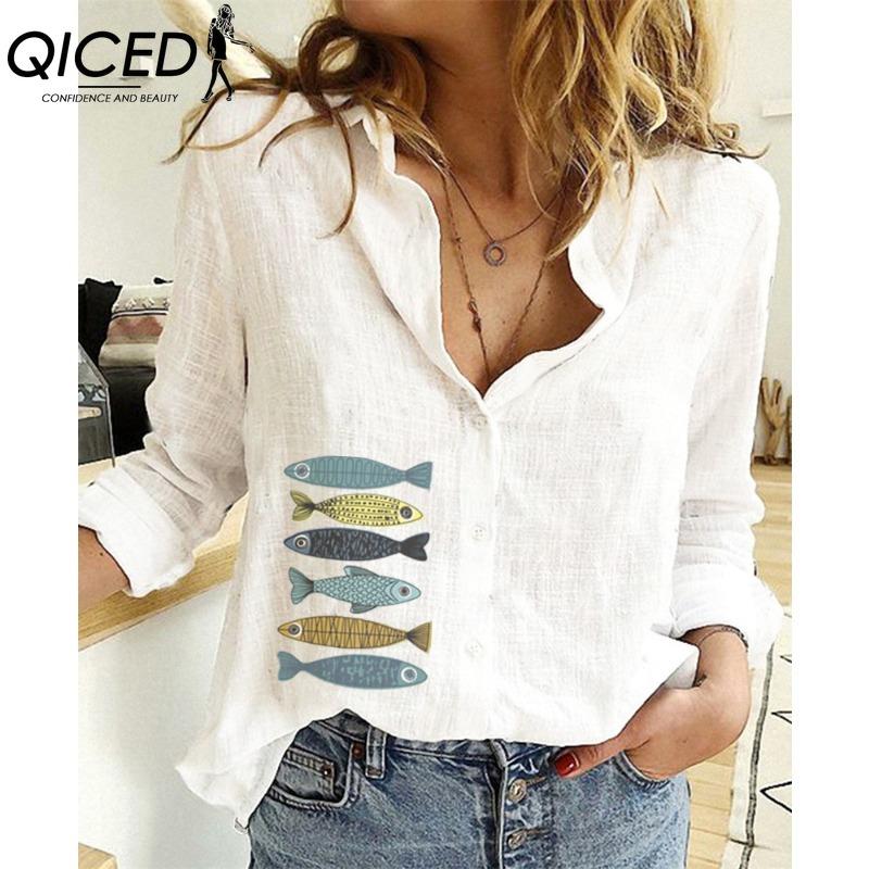 

QICED Women s Fashion Casual Small Fish Print Long Sleeve POLO Neck Blouses & Shirts S білий