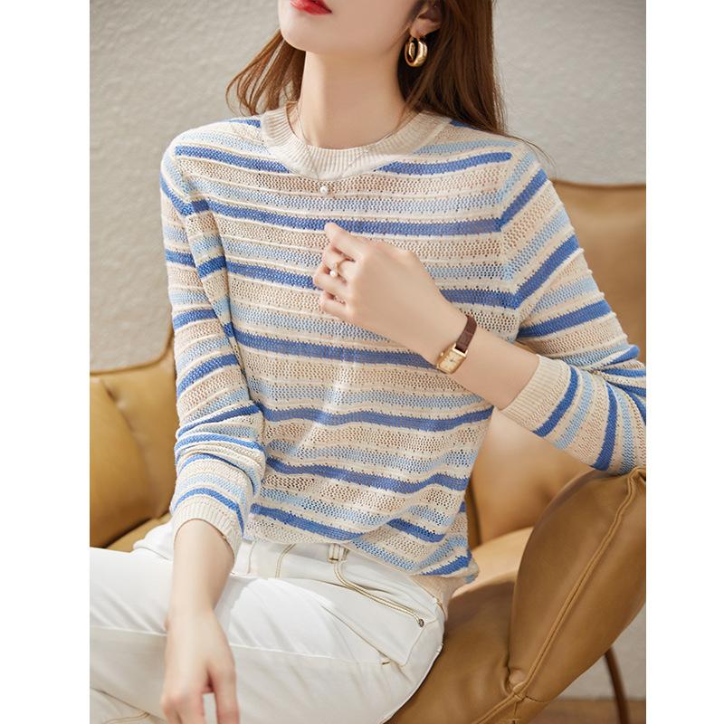 

Весенний вязаный свитер в полоску с длинным рукавом женская верхняя одежда с круглым вырезом и полым низом топ-рубашка One Size
