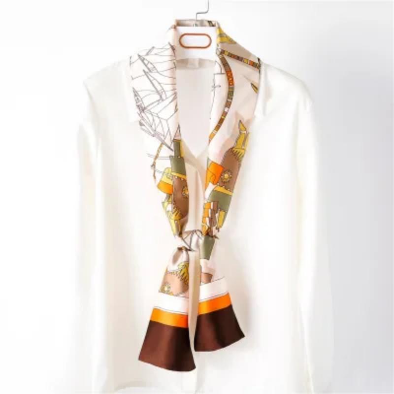 Hijab Real Long Silk Women Print Elegant Neck Scarves Hair Head Ribbon Tie Bag Handle Decoration Foulard Collar Kerchief