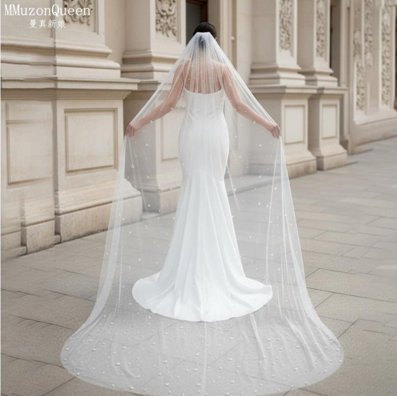 Einstufiger Tüll-Brautschleier mit Perlenbesatz und Metallkamm, 100 cm/200 cm lang, Weißer Hochzeitschleier für Braut, Elopement, Hochzeitsporträt, Fotoshooting