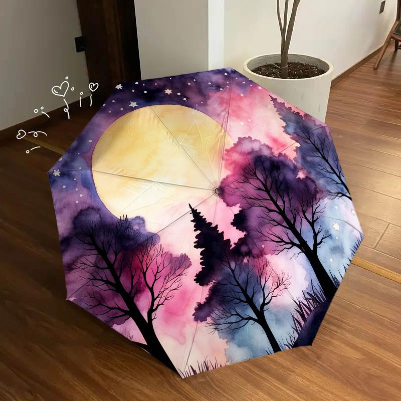 1pc Moonlit Forest Automatic Folding Umbrella, Heavy Duty 8 Rib Iron Frame,  Suitable for Travel, Daily Use, Birthday, Decor Gift m0105122