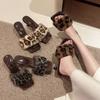 French Medium High Heel Leopard Print One-word Slippers Women's Shoes Wear 2025 New Autumn Retro Fluffy Sandals