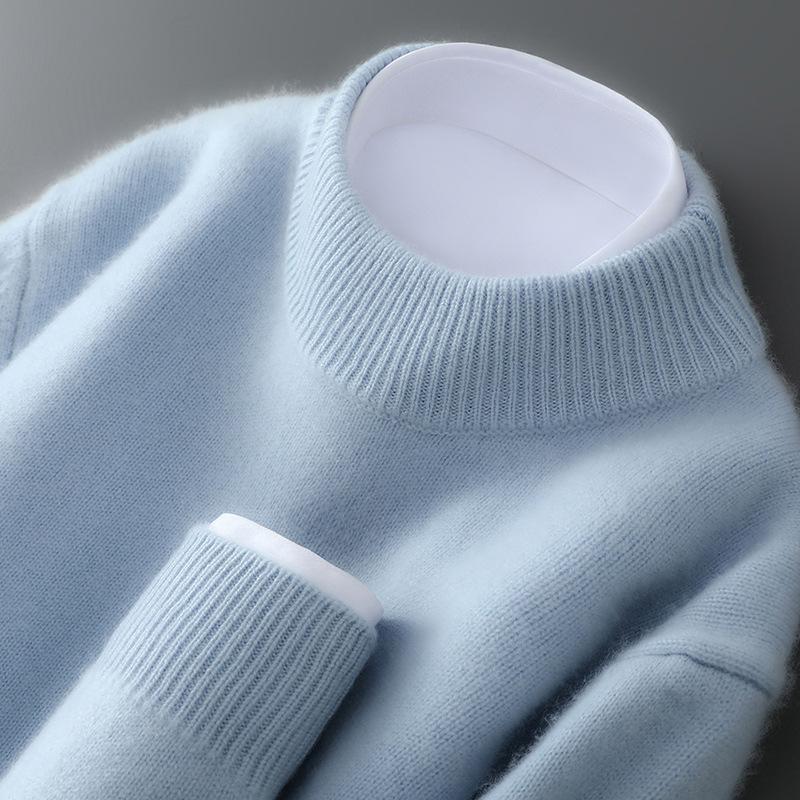 Men's 100% Wool Half-High Neck Loose Knit Sweater - Autumn/Winter Cashmere Pullover
