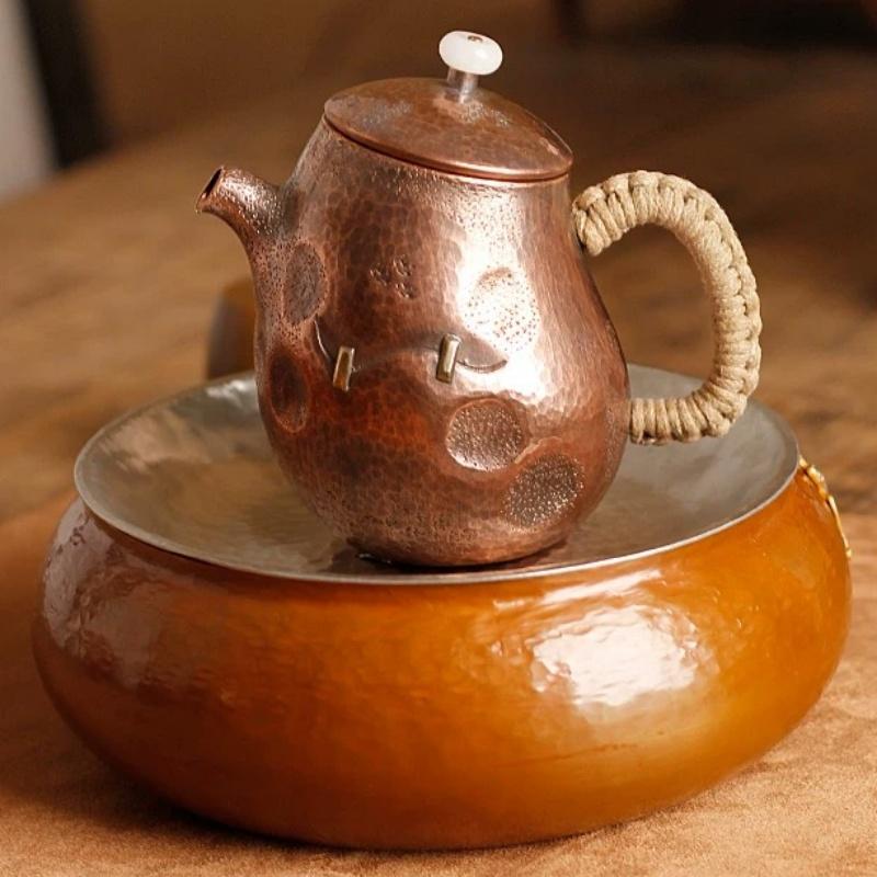 Čajník z čisté mědi, S víkem Kreativita Mléko Káva Nádobí na čaj Filtr Pletený Tepelná rukojeť 260ml Konvice, Čajník Staromódní Sady na víno
