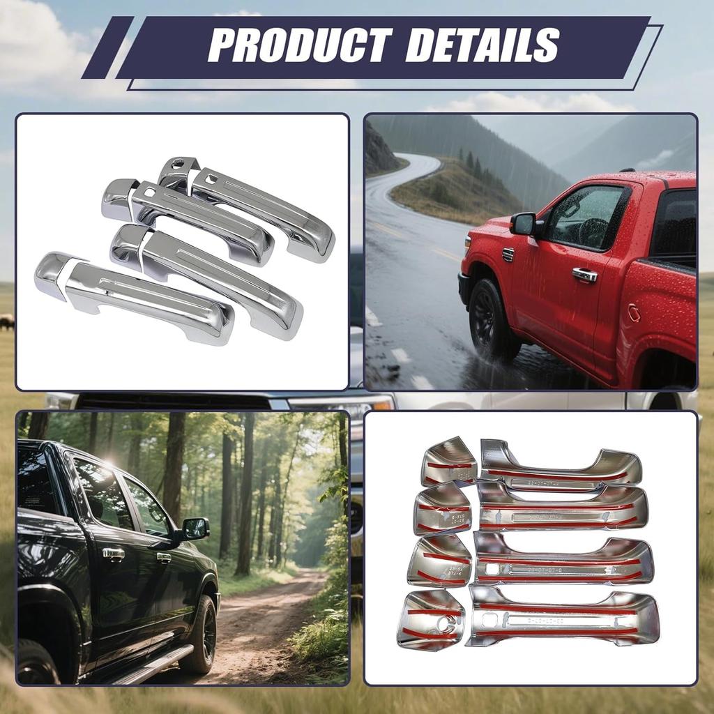 4 Pcs Chrome Door Handle Covers With 2 Front Smart Keyholes Cutout Compatible with 2019-2024 Ram 1500 4DR Model