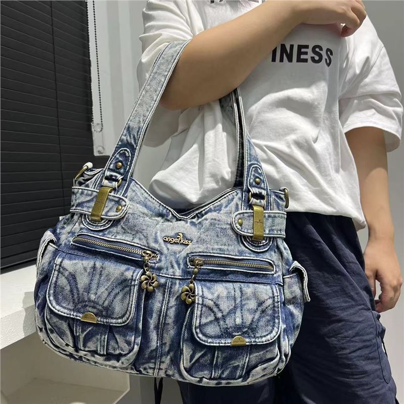 Ladies Vintage Denim Washed Denim Tote Bag Multi Pocket Spice Girl Shoulder Crossbody Bag