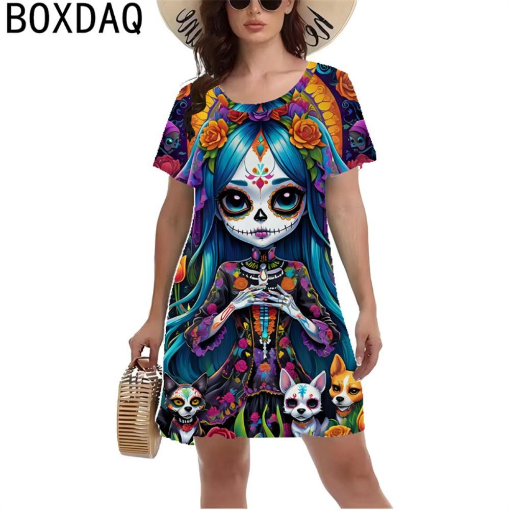 3D Horror Totenkopf Retro Stil Damen Y2K Stil Rosenmuster Minikleid Kurzarm O-Ausschnitt Lässig A-Linie Kleid Sommer
