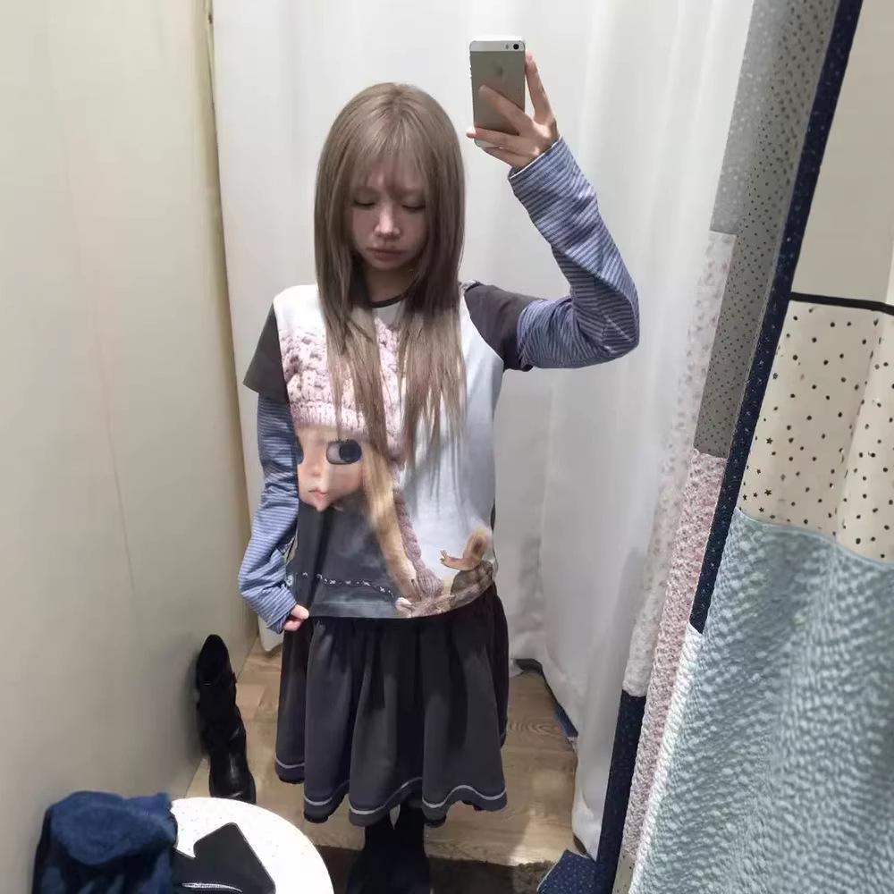 

Japanese Style Doll Print Striped Fake Two-Piece Long-Sleeve Women s Loose Top One Size коричневий