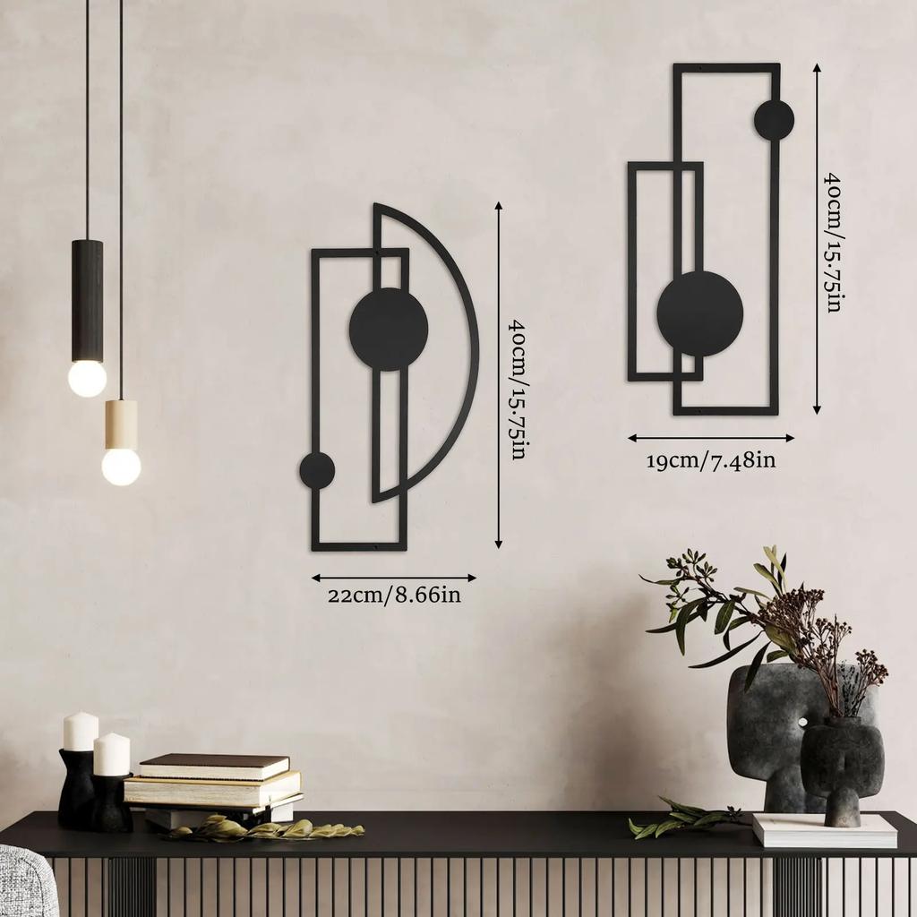 2 Pezzi Arte da Parete Astratta in Metallo Nero Decorazione Minimalista Verticale Decor Geometrico Moderno Sculture Testurizzate 3D per Soggiorno