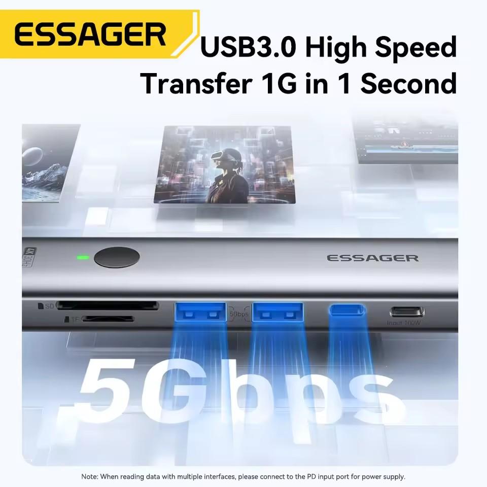 Essager 7 in 1 Typ C auf USB 3.0 Hub Erweiterungs-Dock-Adapter Typ C auf 4K@30Hz HDMI PD100W Lade-Dockingstation unterstützt SD/TF lesen