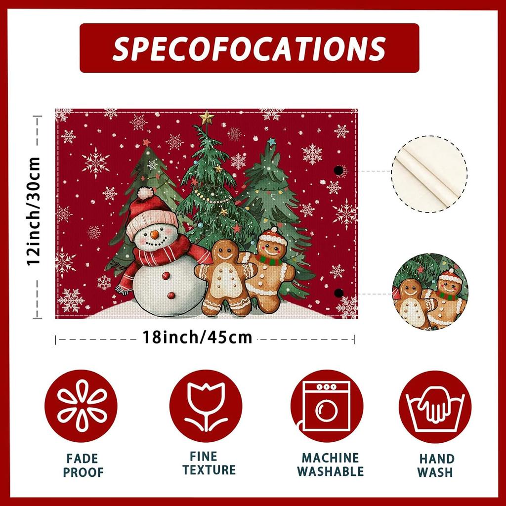Winter Red Snowman Gingerbread Man Christmas Tree Xmas Placemats Set of 4 Table Mats for Party Home Kitchen Dining Table Decorations 12x18 Inch
