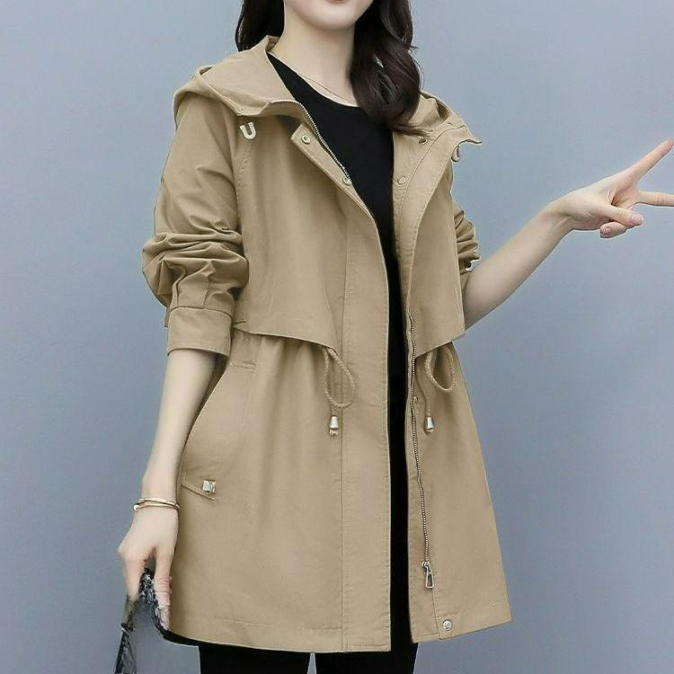 Tooling Windbreaker Women's Mid-length Spring and Autumn Clothes Loose Casual Fashion Army Coffee Color Hooded Jacket Trend