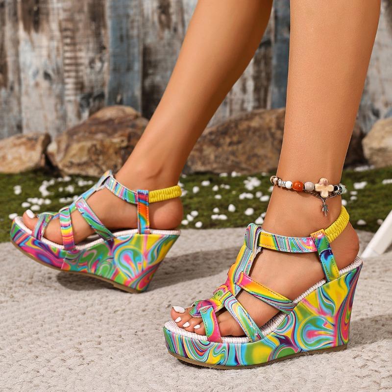 High Heel Sandals Women's New Cross-border Foreign Trade Large Size Wedge Embroidered One Line Buckle Peep Toe Platform Women
