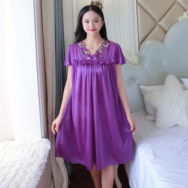 Plus Size Ice Silk Lace Nightgown - Women's Short Sleeve Summer Lingerie with Swing Skirt