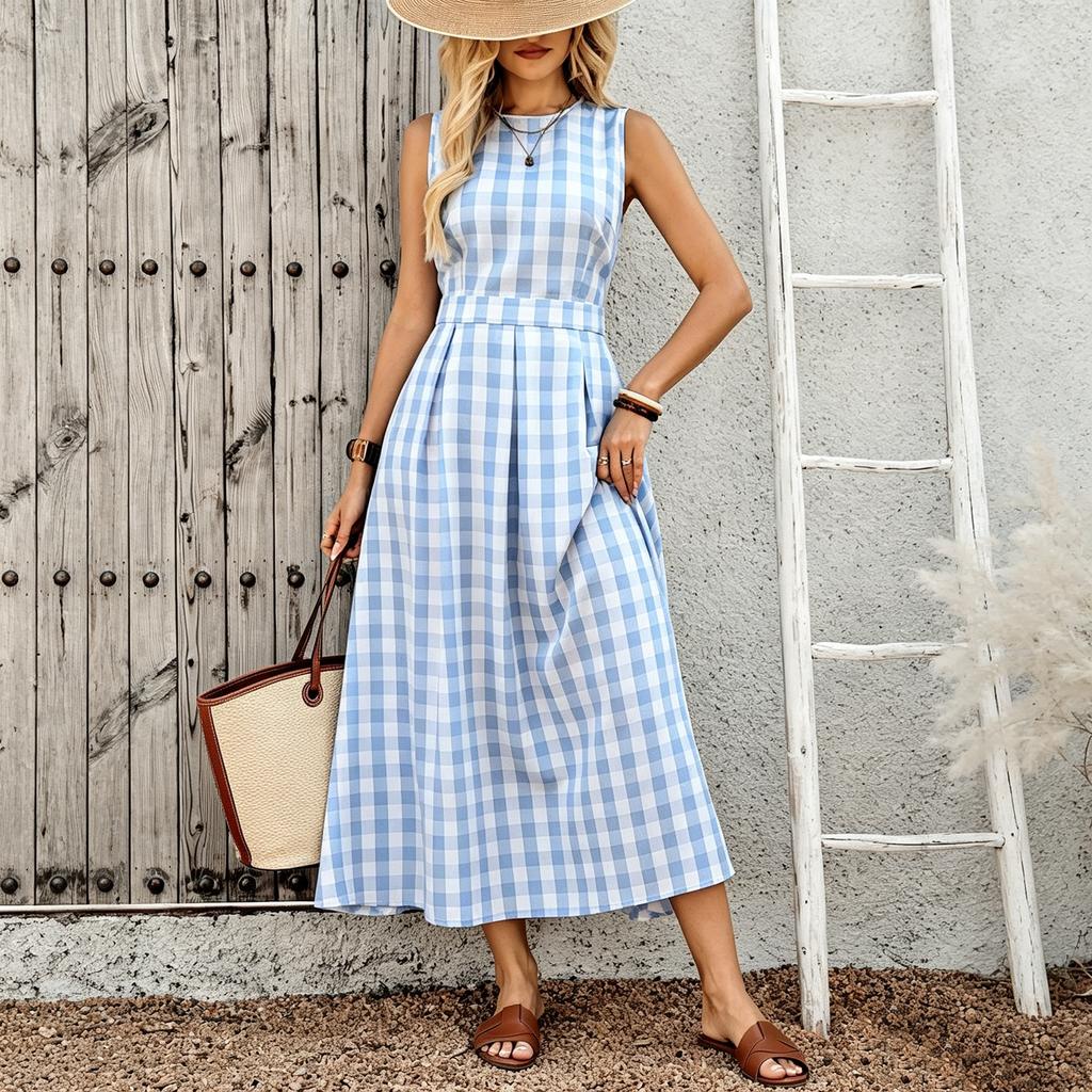Women's Sleeveless Plaid Dress Round Neck Waist Cinched Midi Length Casual Summer Dress with Pockets and A-Line Silhouette