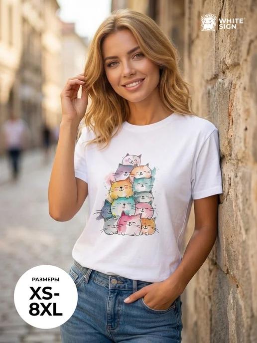 Oversized cotton T-shirt with Watercolor Cats print L