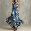 European and American Retro Elegant Blue Printed Sleeveless Tie Waist Yarn Dress