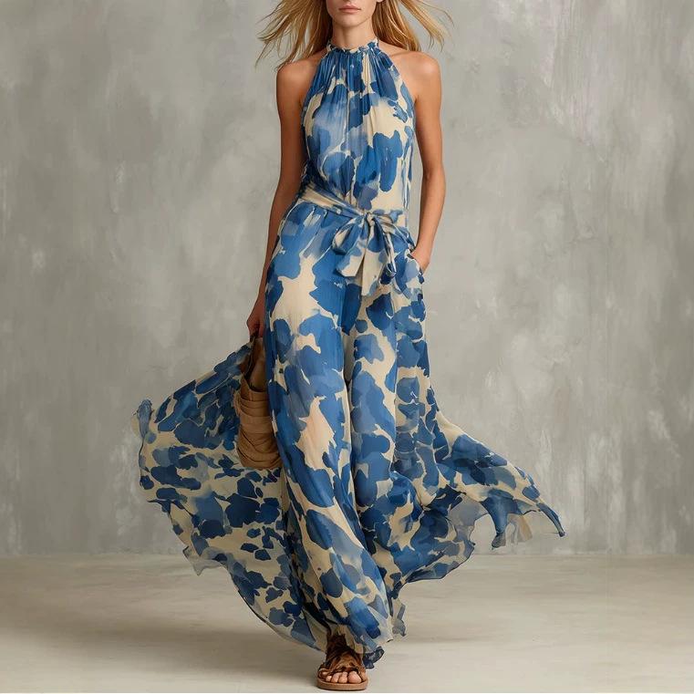 European and American Retro Elegant Blue Printed Sleeveless Tie Waist Yarn Dress S