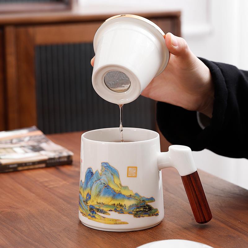 White Porcelain Office Cup Tea Separation Cup With Lid Filter Personal Water Cup Business Gift