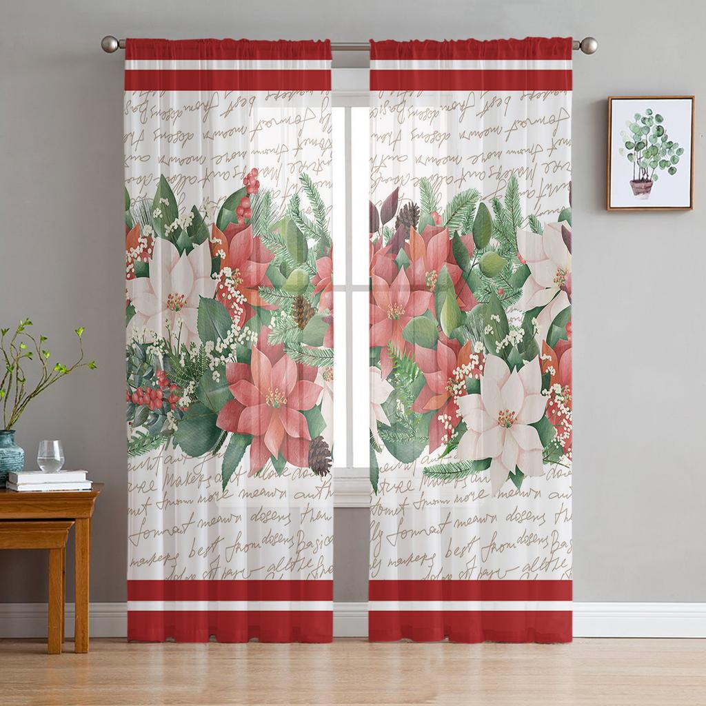 Christmas Fir Tree Robin Poinsettia Winter Tulle Window Curtain Voile Organza Valance Living Room Bedroom Decor Sheer Curtains