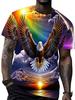 Multicolored Short-Sleeve T-Shirt Featuring an Eagle Print, Designed for Outdoor Activities And Casual Outings with a Sky And Rainbow Theme, Plus Size
