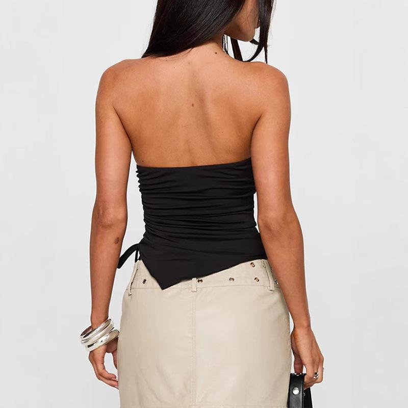 Y2K summer drawstring pleated slit irregular strapless sexy top