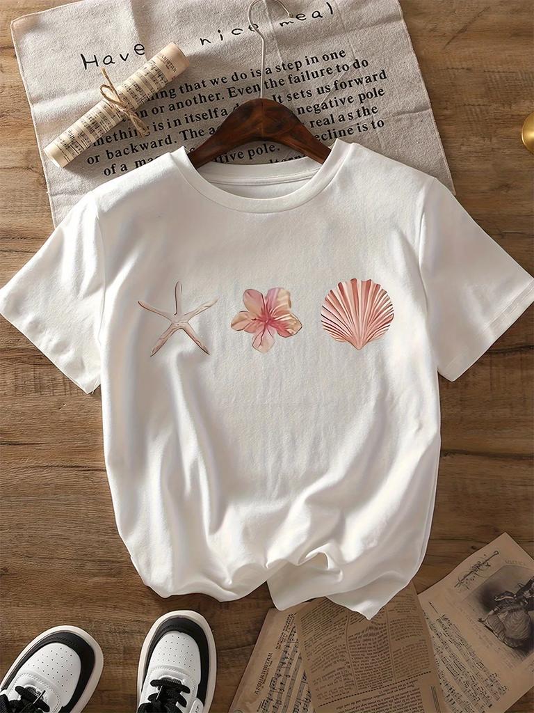 Starfish Shells and Floral Print Women Round Neck Short Sleeve T-shirt Summer Casual and Simple Style Women Clothes