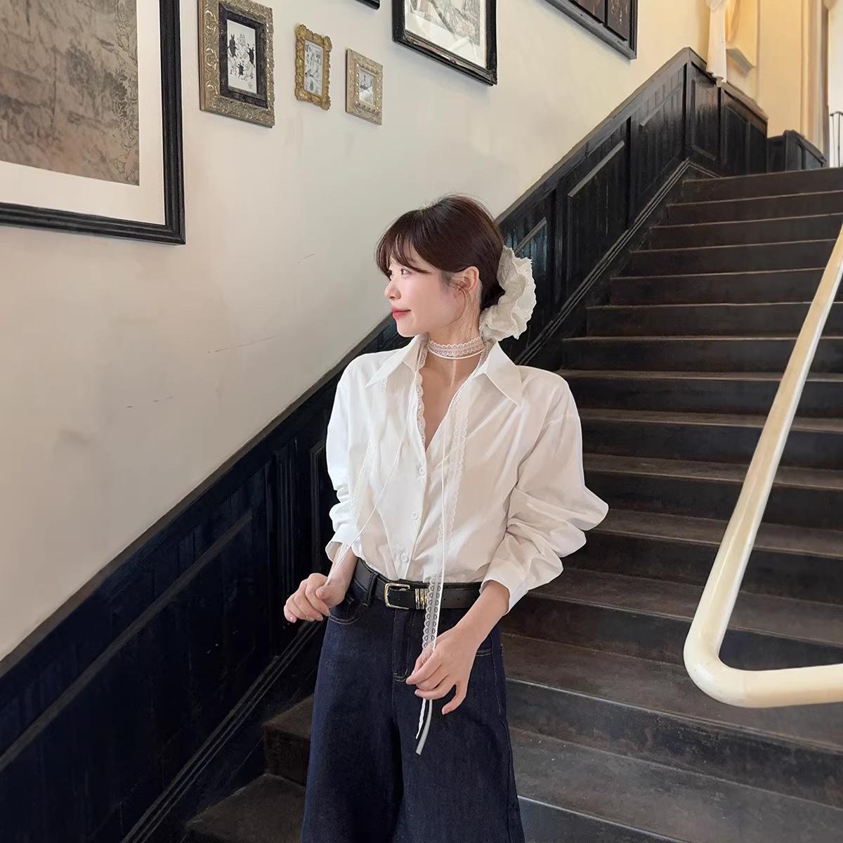 Women s 2026 Spring Lace Patchwork V-Neck White Long-Sleeve Shirt 4XL синий