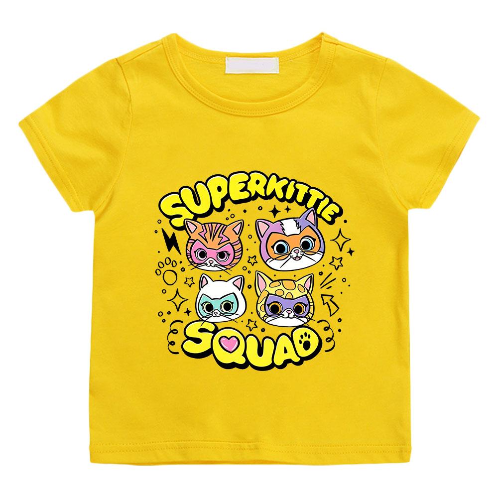 Children's Cotton T-shirts SuperKitties Cartoon Print Kids Short Sleeve Cute Boys Girls 2-12Y Tees Casual Crew Neck Tops Summer