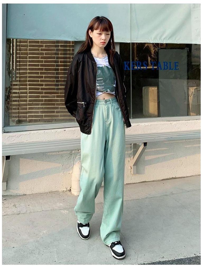 Mint Green Plus Size High-Waisted Wide-Leg Floor-Length Jeans for Women