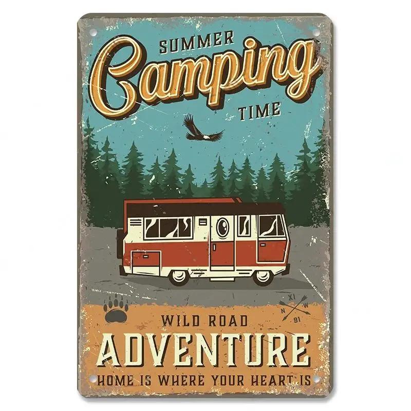 Camping  Adventure Plaques VintageMetal Tin Signs Plate Mountain Trip Campervan Tours Room Gym Sign Posters Wall Decor Travel