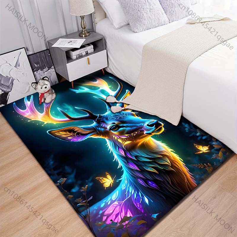 Dreamlike Glowing Deer with Butterflies Carpet for Living Room Bedroom Bedside Floor Mat Cloakroom Children Play Mat Area Rug