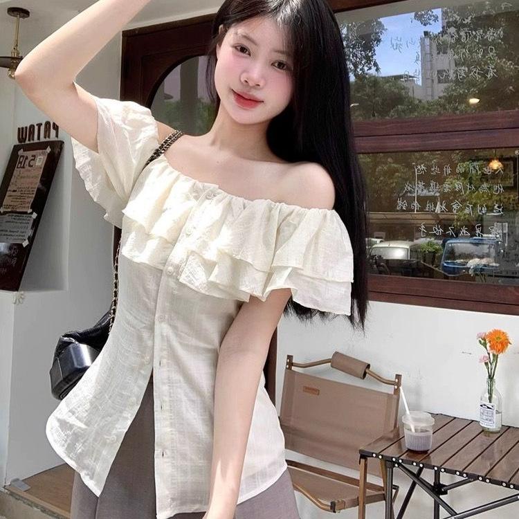 Summer New Pure Desire Wind Off-the-shoulder Ruffle Edge Short-sleeved Shirt Women's Design Feeling Waist and Thin Versatile Top