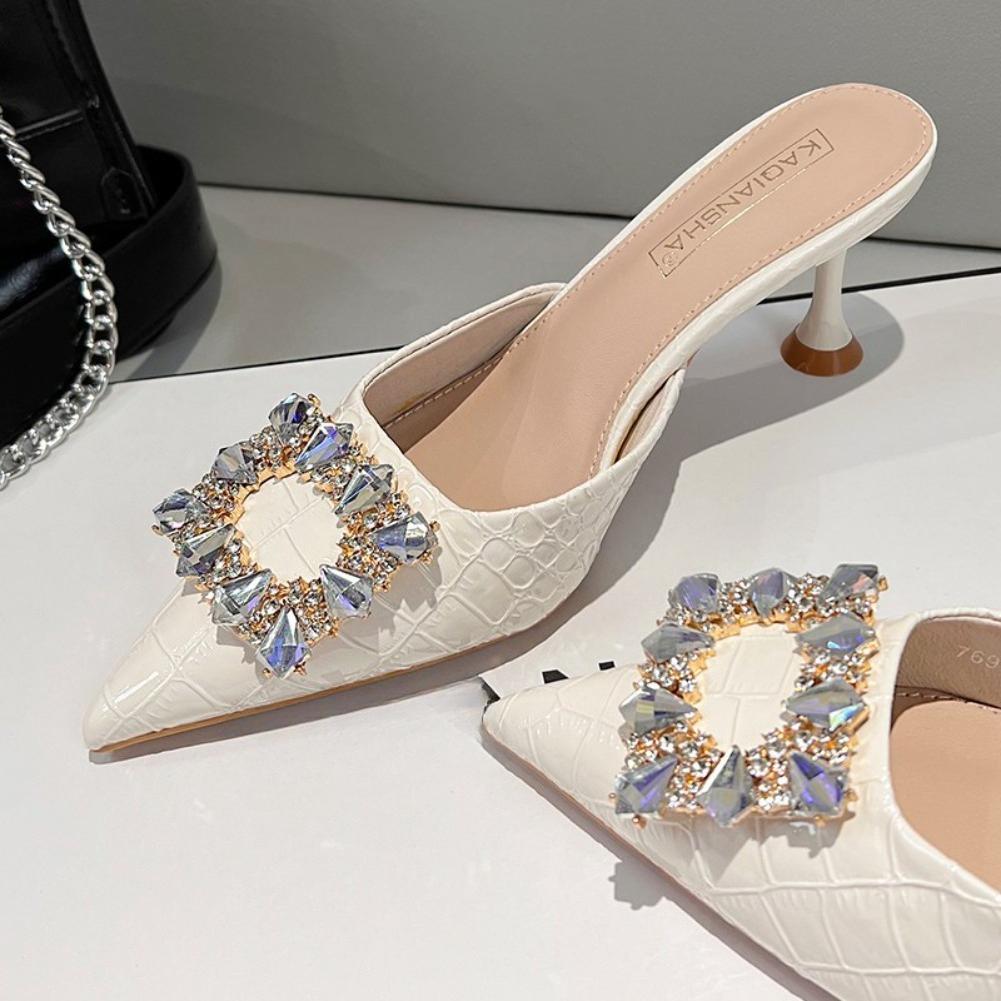 Fashion Women's Small Size Slippers 34-39 New Pointed Head Rhinestone Fine Heeled Sandals Banquet Elegant High Heels Baotou French Shoes