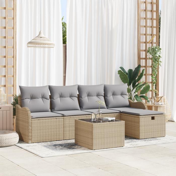 Ensemble de Canapé de Jardin de 6 Pièces avec Coussins Beige Rotin Synthétique, Canapé de Jardin 2 Places avec Rangement 3360301