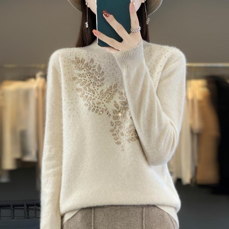 Crystal Mock Neck Elegant Sweater Women Stand Collar Base Layer Heavy Duty Beaded Knit Sweater Women