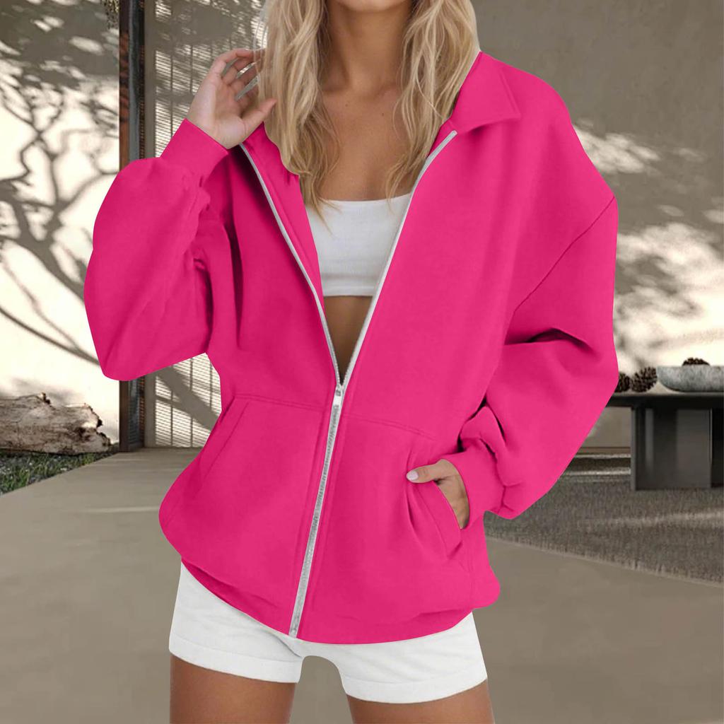 Women's  Fashion Zipper Hoodie Long Sleeve Hooded Pullover Sweatshirt Casual Solid Color Tops With Pockets