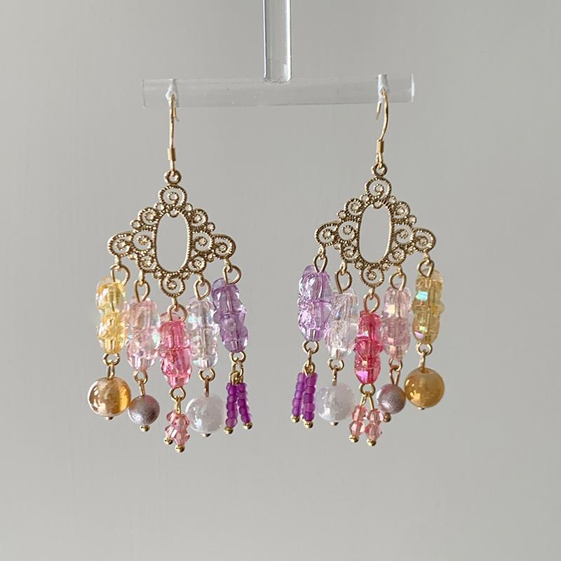 

Bohemian ethnic style flower earrings retro personality fringed earrings dopamine design ear hook