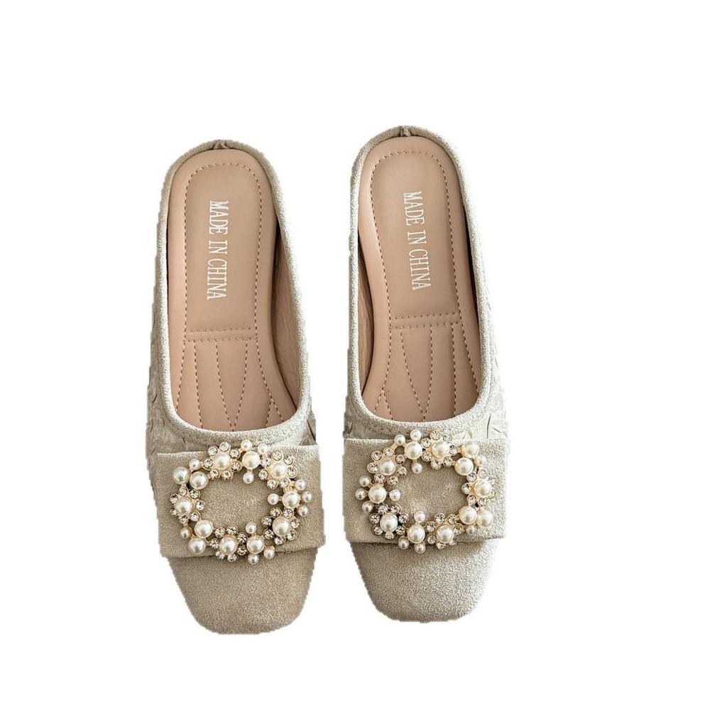 Baotou half slippers women's summer outer wear 2025 summer new square head lazy Muller pearl flat sandals shoes