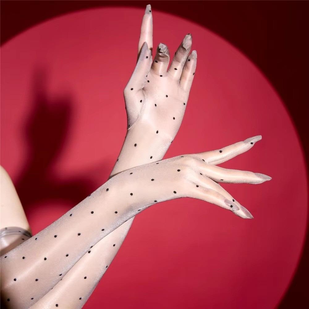 Retro Sexy Five Finger Gloves Ultra Thin Polka Dot Shiny Glossy Gloves Oil Shiny Elastic Sun Protection Gloves