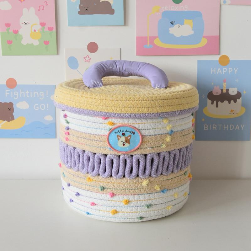 Cotton Woven Storage Basket With Colorful Dot Pattern For Dorm Room And Home Decor