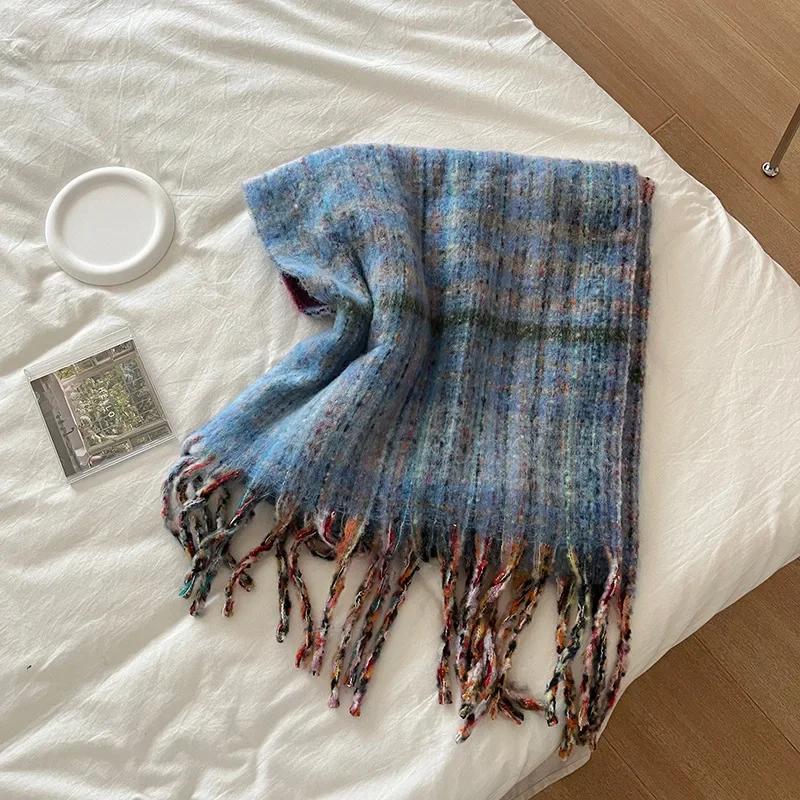 Chic Design Plaid Mohair Scarf Women Korean Version Streetstyle Imitation Cashmere Muffler Female Warm Soft Thick Shawl Ladies