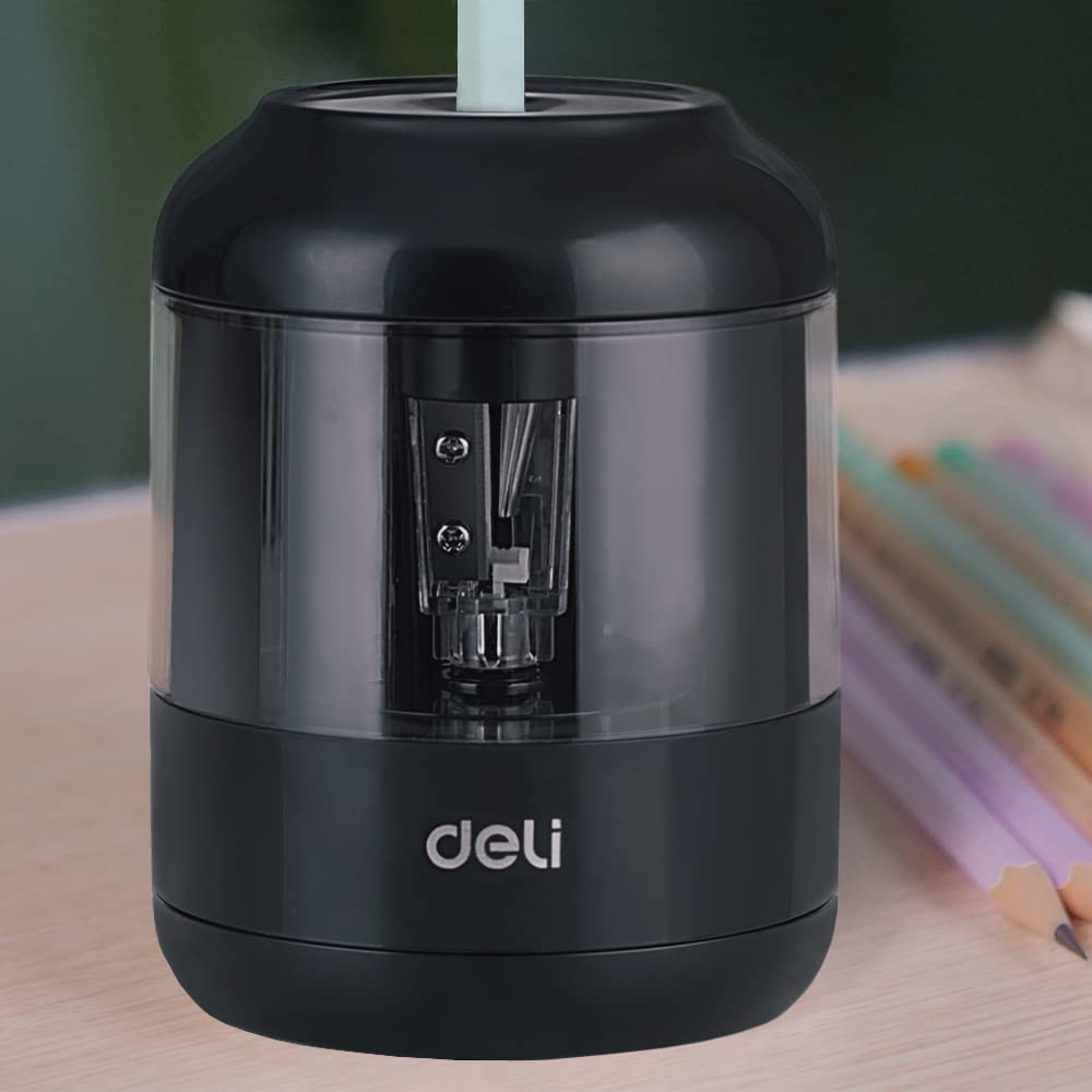 

Deli Электрическая точилка для карандашей на батарейках AA, подходит для карандашей и цветных, запатентованная, 5000 долгая, компактная и простая в использовании, отличный подарок для детей, точилка, 3-5 секунд высокоскоростная чёрный