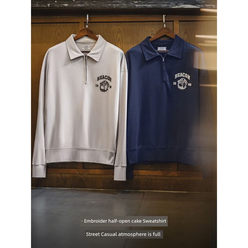 Madden Parka American Retro Three-Dimensional Embroider Half Zipper Sweatshirt Casual Polo Collar Pullover Polo Shirt Tops Men's Autumn