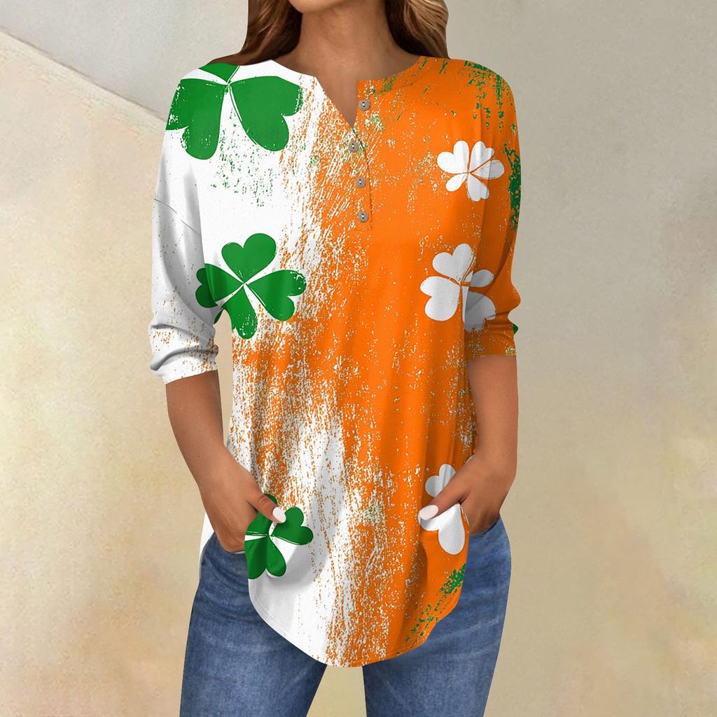 3/4 Ärmel Damen Tops Sommer T-Shirts Print V-Ausschnitt Casual Basic Tee Button Shirts Tunika Tops St. Patrick's Day