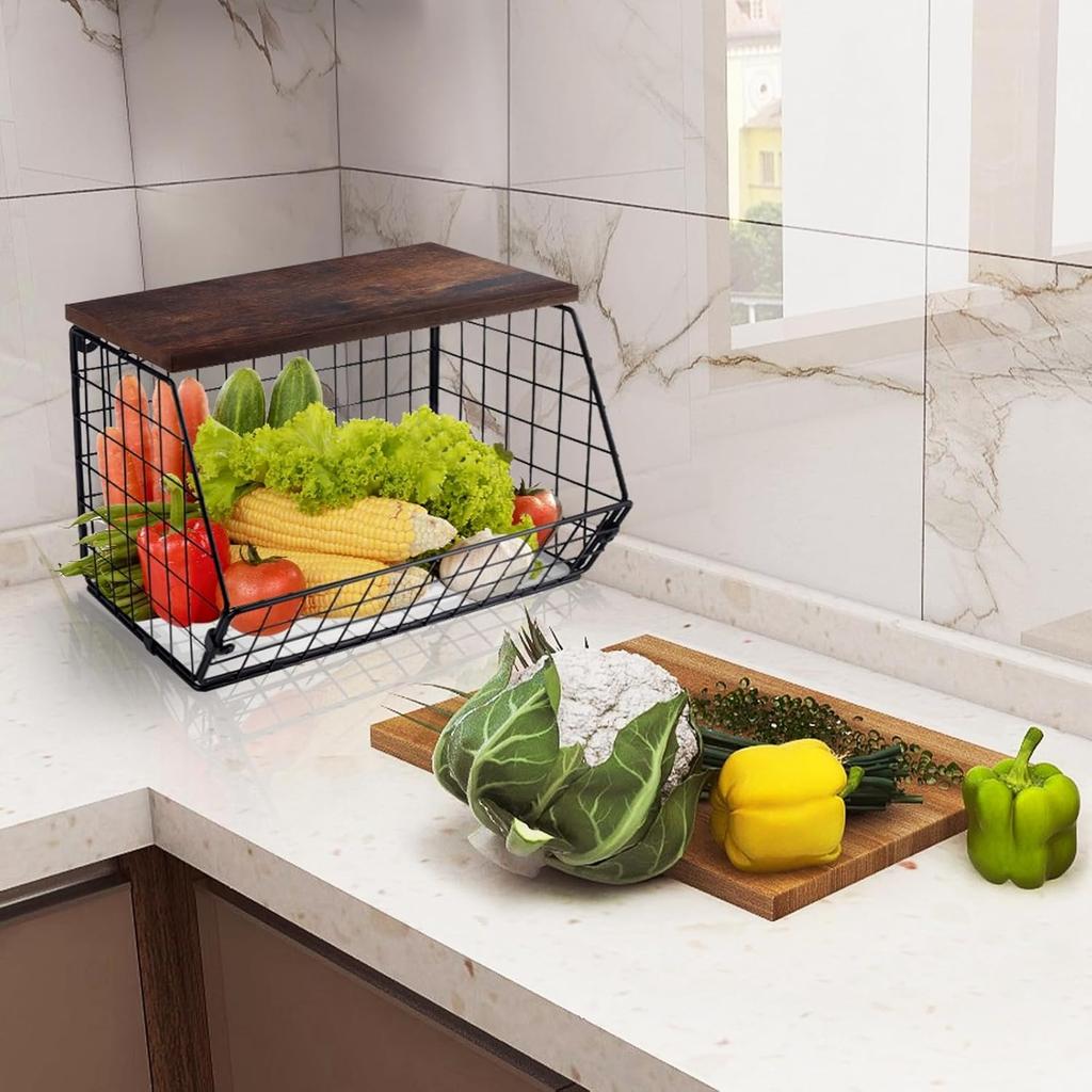 Fruit Basket, 2 Tier Fruit Basket, 2pcs Kitchen Organizer Basket with Wooden Lid Stackable and Wall Mountable Basket for Snacks and Vegetables Storage