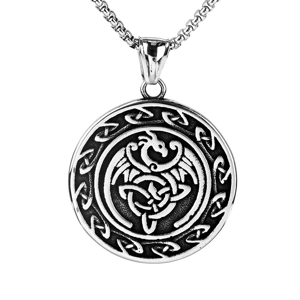 Vintage Stainless Steel Men's Pendant Celtic Knot Double Sided Dragon Round Medallion Necklace
