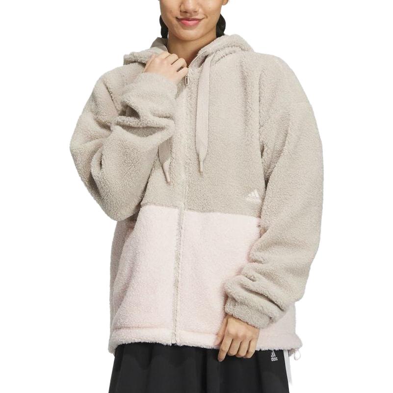 adidas Color Block Loose Fit Zip Up Hooded Drawstring Fleece Jacket Women Jackets Beige IK9863